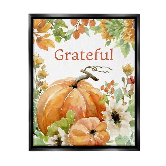Stupell Industries Grateful Pumpkins & Flowers Holiday Painting Black Floater Framed Canvas Art Print Wall Art, 17 x 21