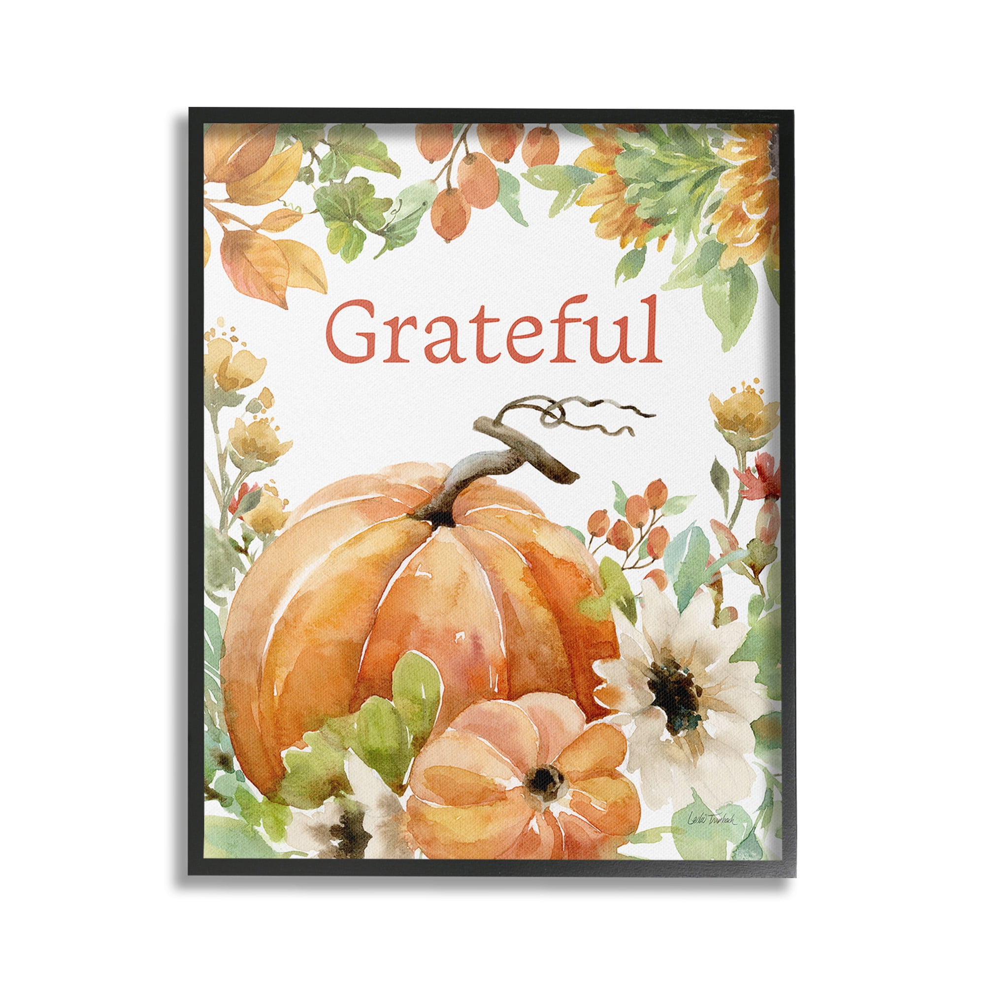 Stupell Industries Grateful Pumpkins & Flowers Holiday Painting Black Framed Art Print Wall Art, 24 x 30