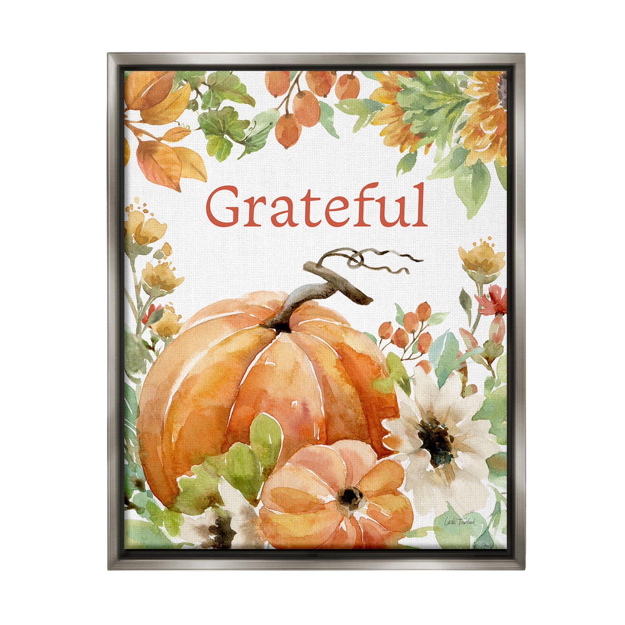 Stupell Industries Grateful Pumpkins & Flowers Holiday Painting Gray Floater Framed Canvas Art Print Wall Art, 25 x 31
