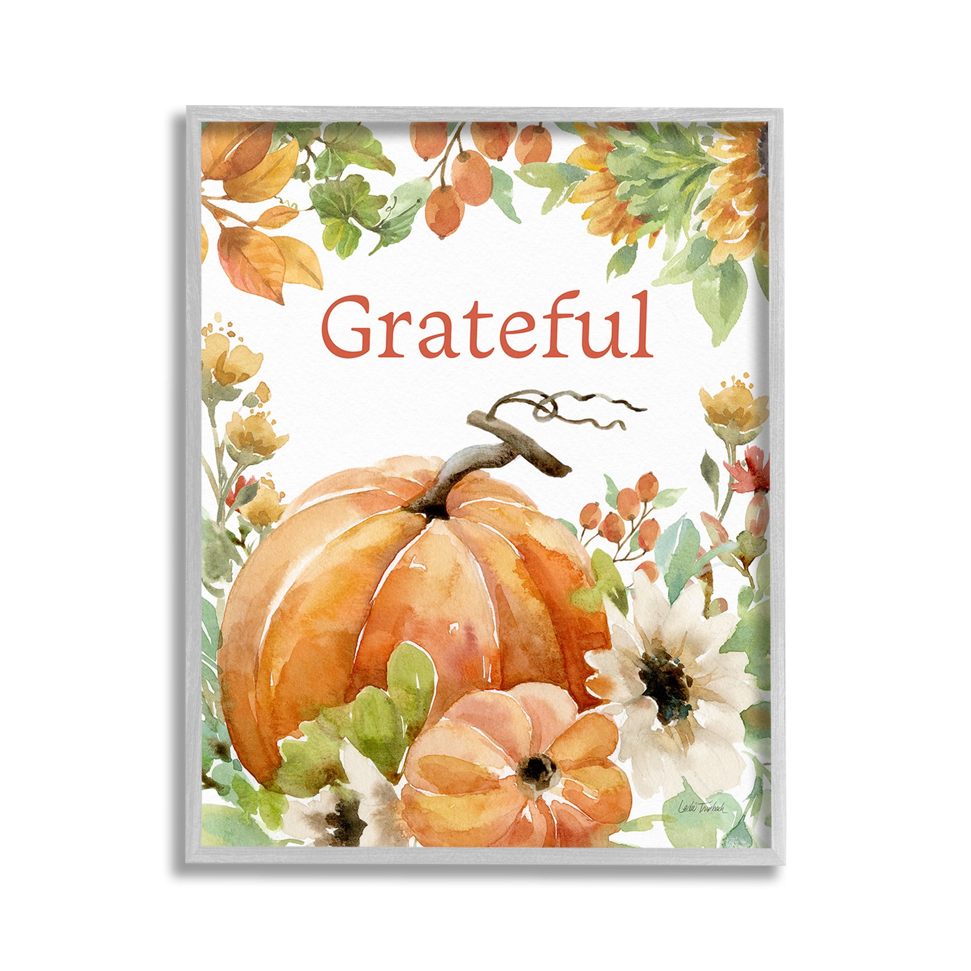 Stupell Industries Grateful Pumpkins & Flowers Holiday Painting Gray Framed Art Print Wall Art, 11 x 14