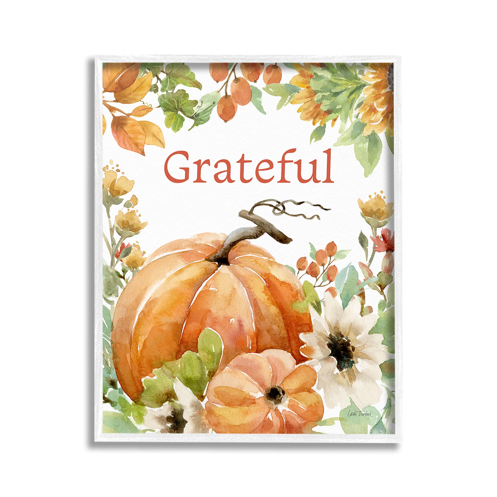 Stupell Industries Grateful Pumpkins & Flowers Holiday Painting White Framed Art Print Wall Art, 11 x 14
