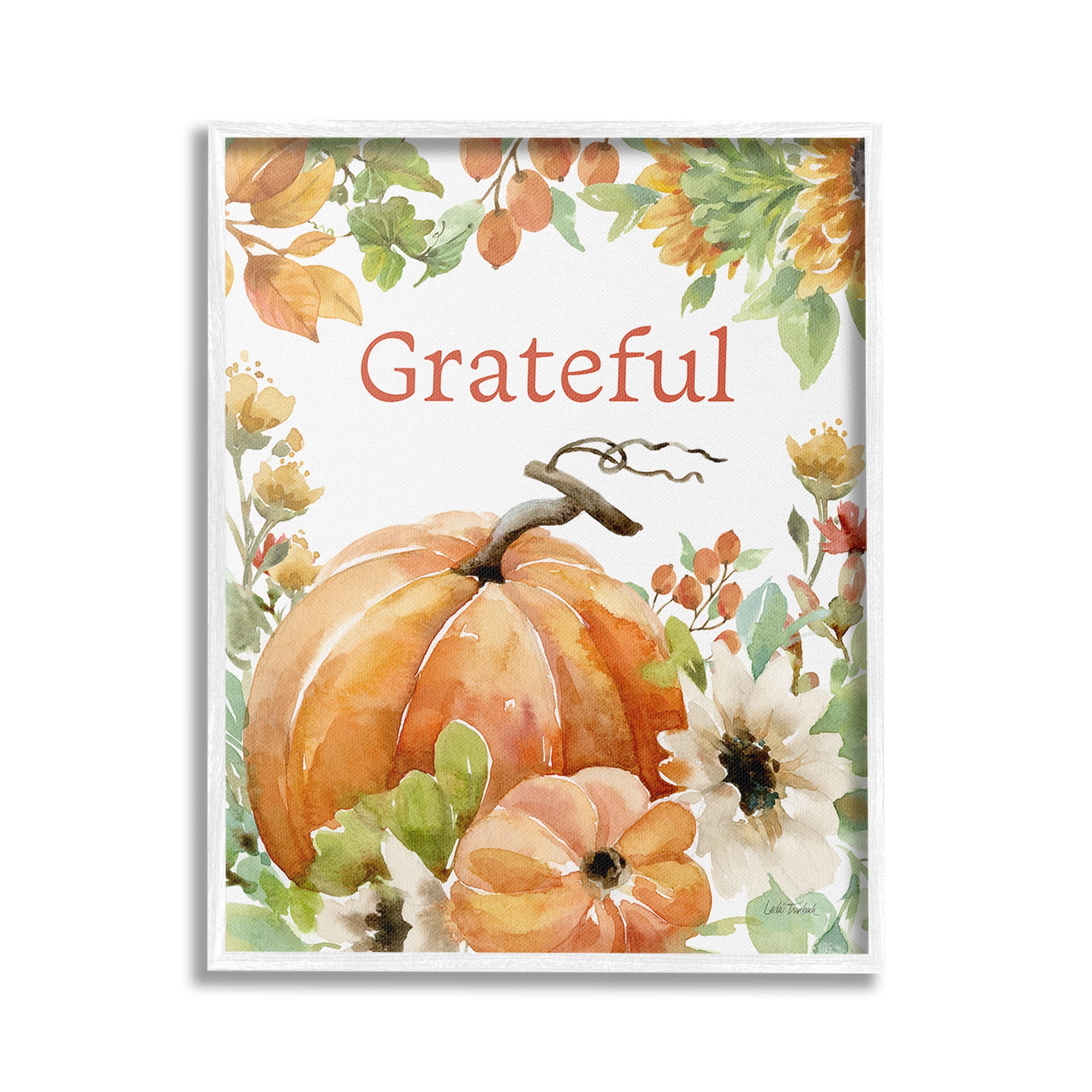 Stupell Industries Grateful Pumpkins & Flowers Holiday Painting White Framed Art Print Wall Art, 16 x 20