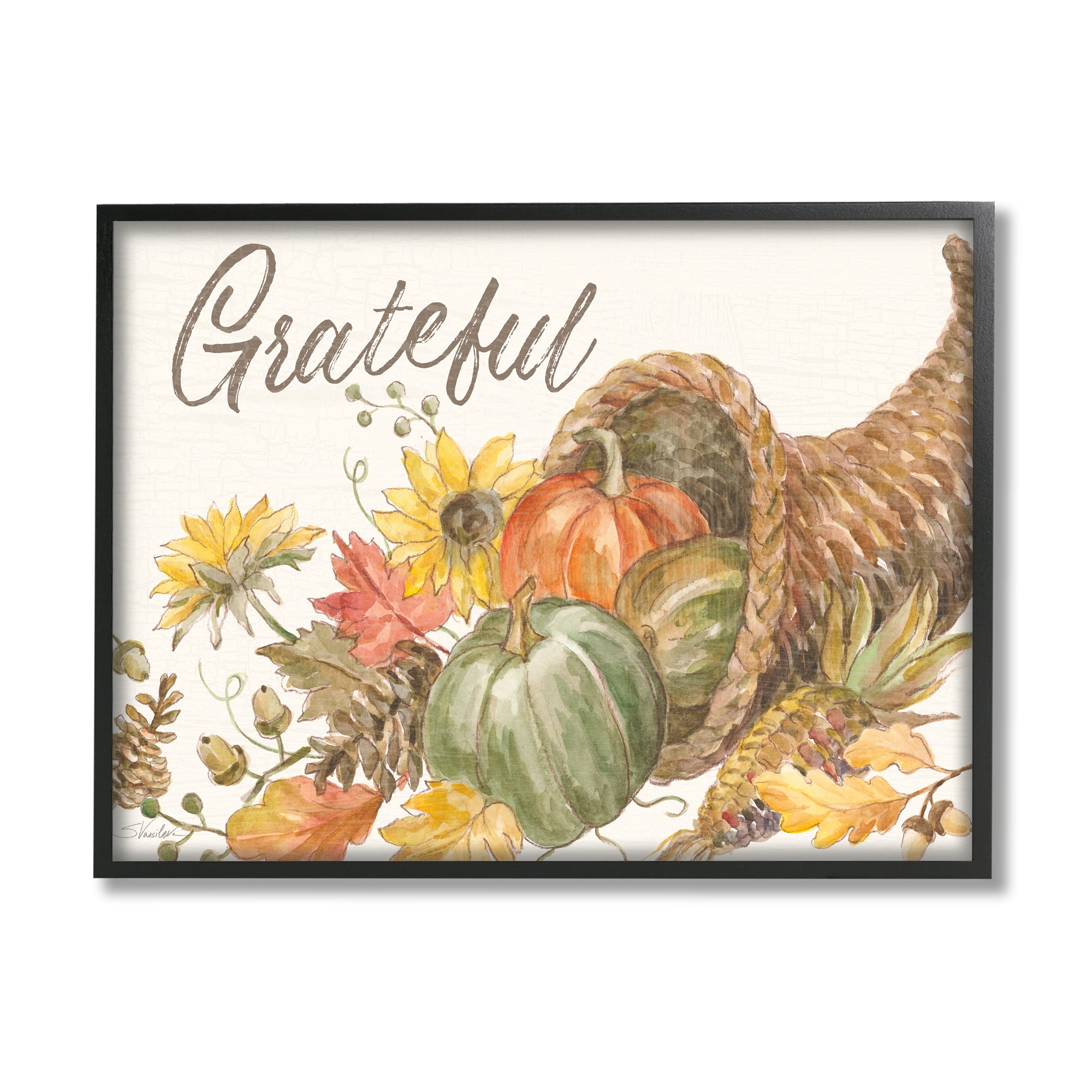 Stupell Industries Grateful Sentiment Autumn Harvest Cornucopia Pumpkins Food & Beverage Painting Black Framed Art Print Wall Art, 11 x 14
