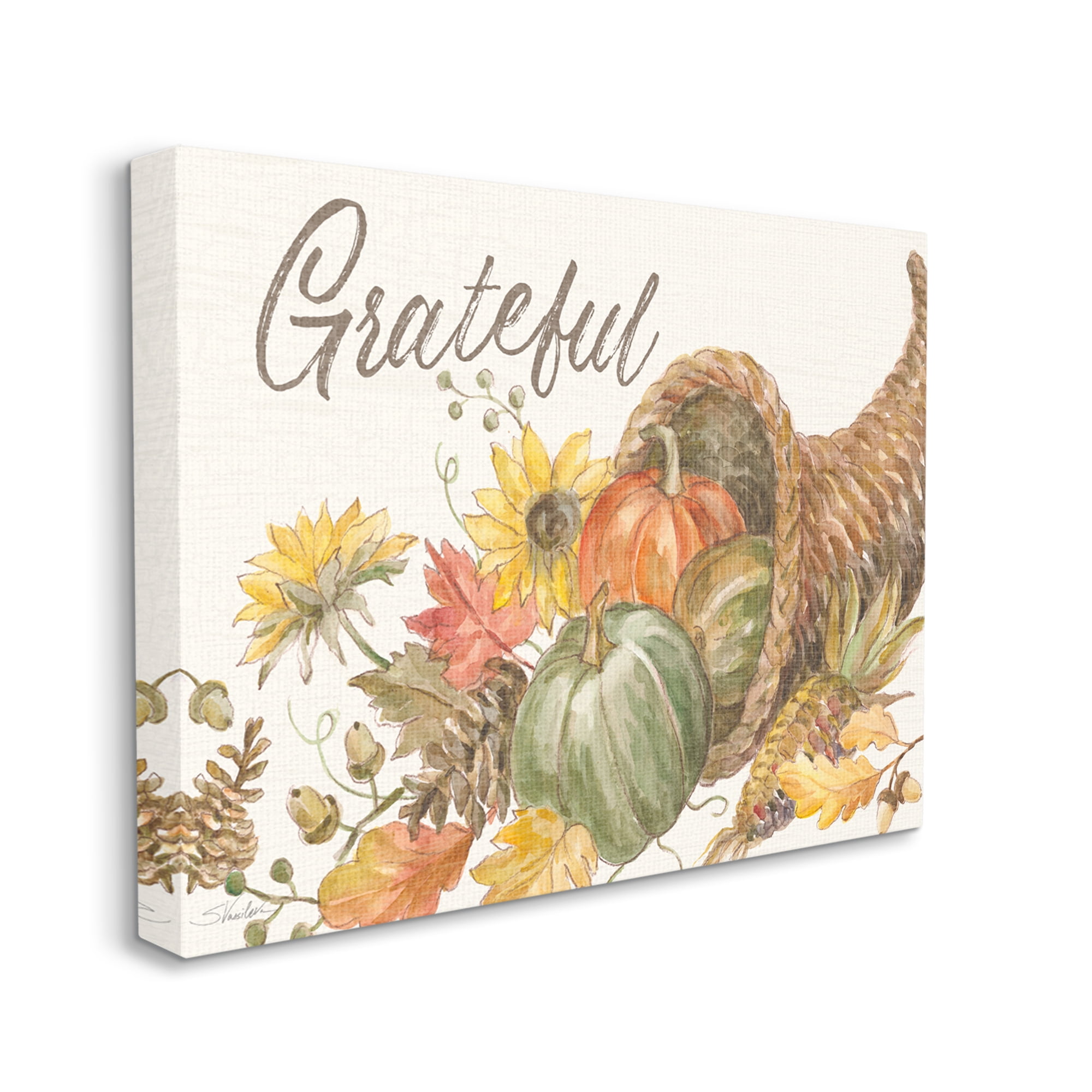 Stupell Industries Grateful Sentiment Autumn Harvest Cornucopia Pumpkins Food & Beverage Painting Gallery Wrapped Canvas Print Wall Art, 24 x 30