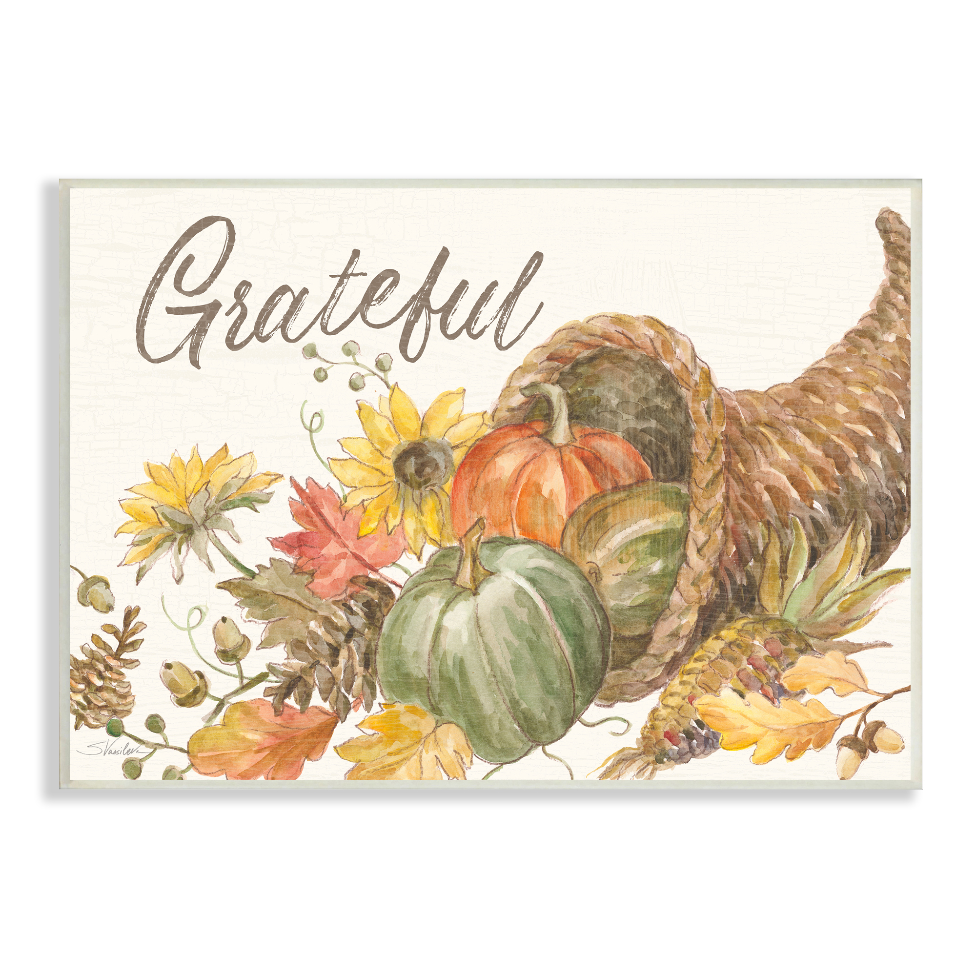 Stupell Industries Grateful Sentiment Autumn Harvest Cornucopia Pumpkins Food & Beverage Painting Unframed Art Print Wall Art, 10 x 15