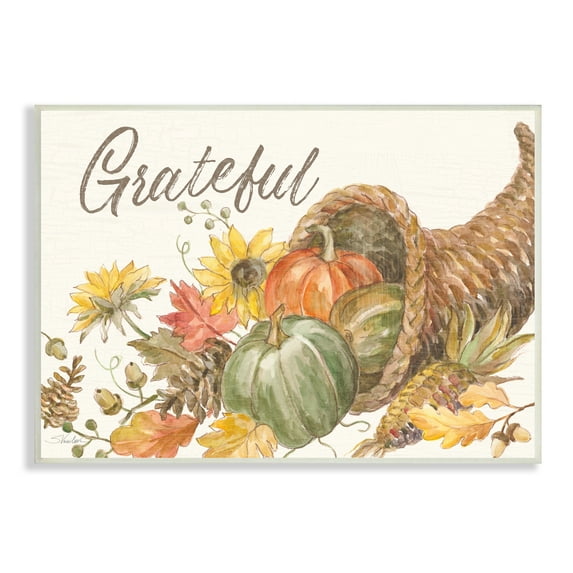 Stupell Industries Grateful Sentiment Autumn Harvest Cornucopia Pumpkins Food & Beverage Painting Unframed Art Print Wall Art, 10 x 15