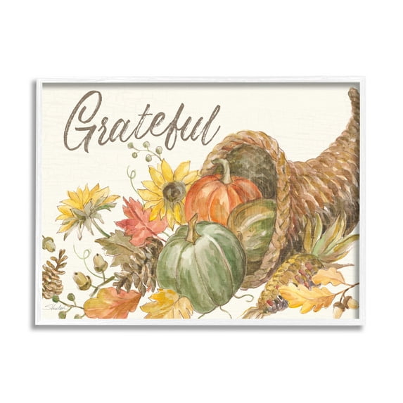 Stupell Industries Grateful Sentiment Autumn Harvest Cornucopia Pumpkins Food & Beverage Painting White Framed Art Print Wall Art, 16 x 20