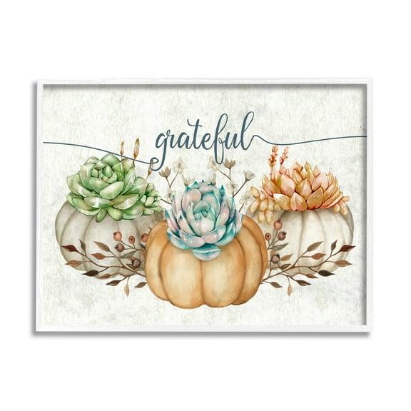 Stupell Industries Grateful Sentiment Boho Succulent Pumpkins Autumn Leaves, 14 x 11,Design by Ziwei Li