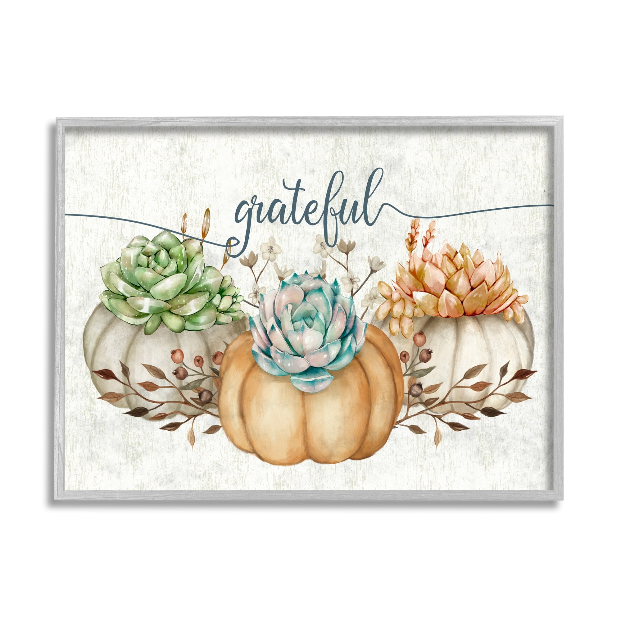 Stupell Industries Grateful Sentiment Boho Succulent Pumpkins Autumn Leaves, 30 x 24,Design by Ziwei Li