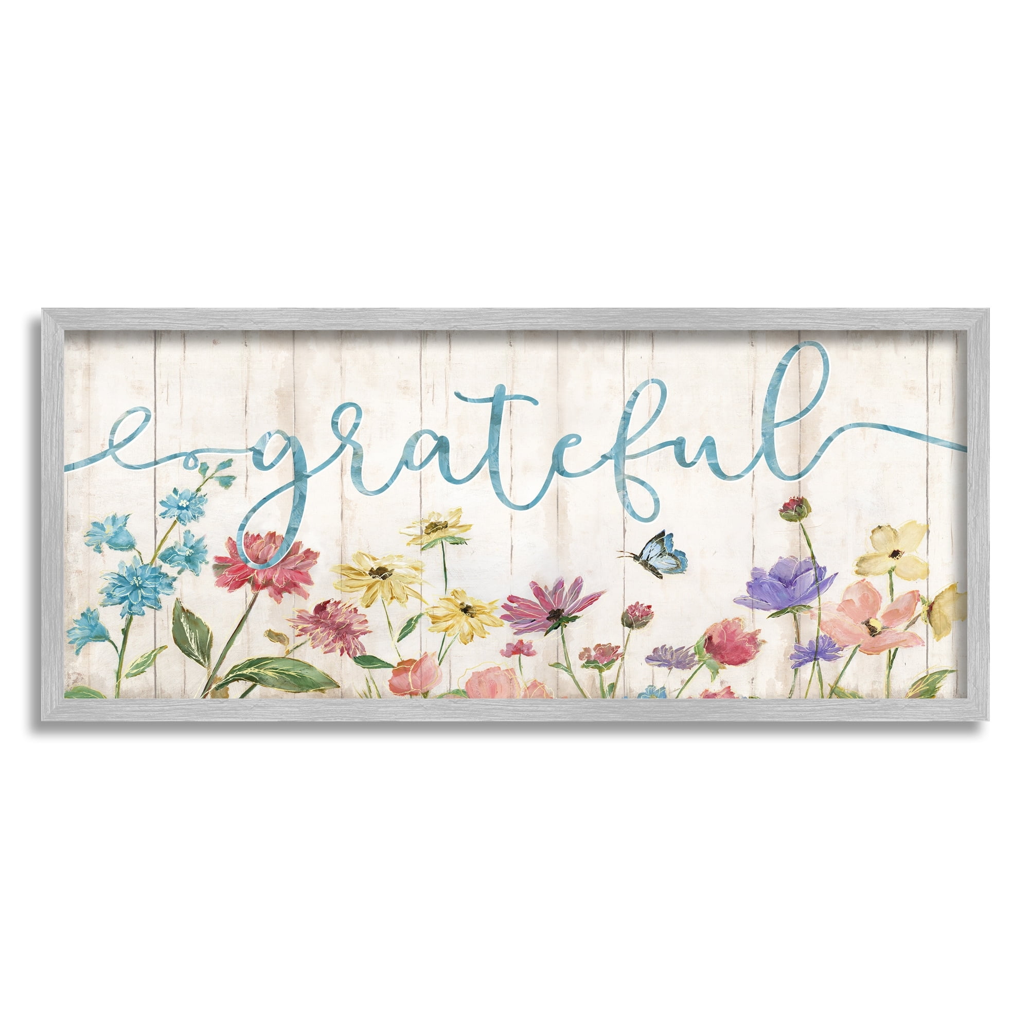 Stupell Industries Grateful Sentiment Spring Wildflower Garden Blue Butterfly, 30 x 13, Design by Nan