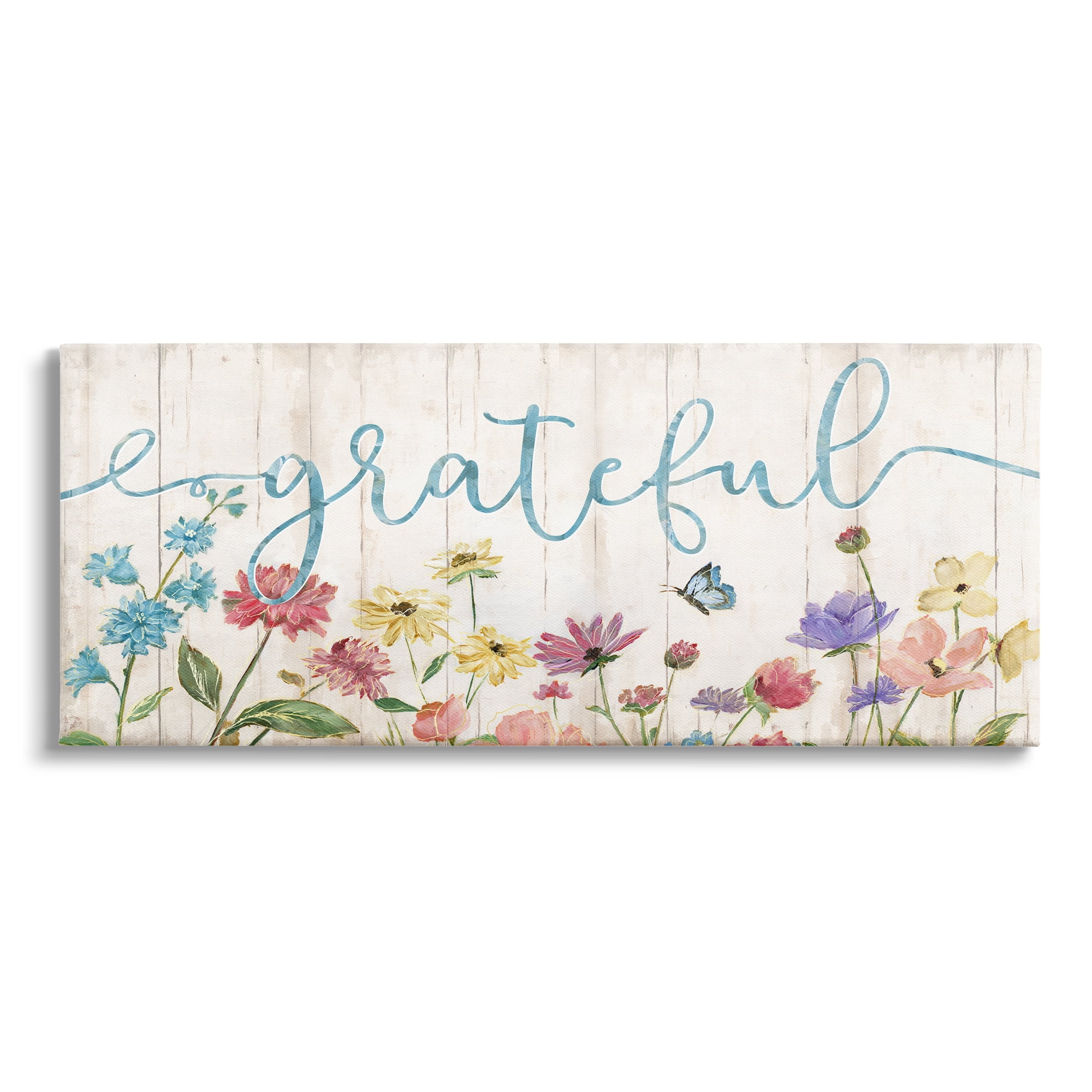 Stupell Industries Grateful Sentiment Spring Wildflower Garden Blue Butterfly Graphic Art Gallery-Wrapped Canvas Print Wall Art, 40x17, by Nan
