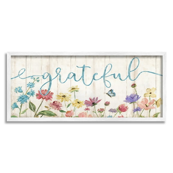 Stupell Industries Grateful Sentiment Spring Wildflower Garden Blue Butterfly Graphic Art White Framed Art Print Wall Art, 30x13, by Nan