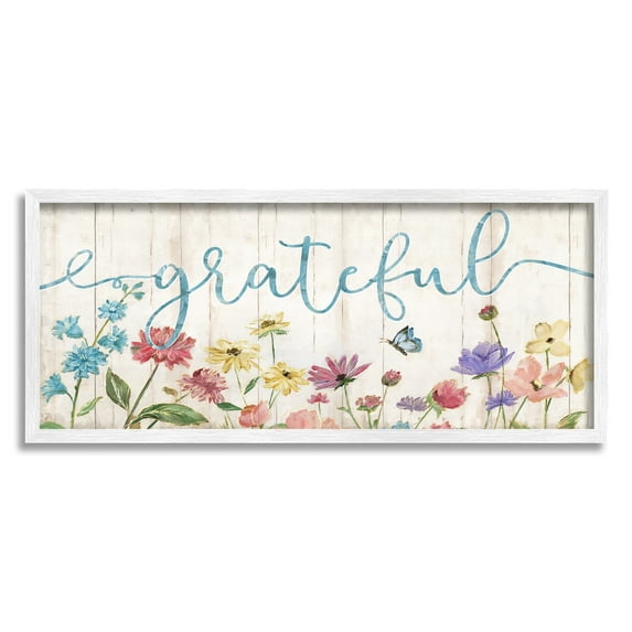 Stupell Industries Grateful Sentiment Spring Wildflower Garden Blue Butterfly Graphic Art White Framed Art Print Wall Art, 30x13, by Nan
