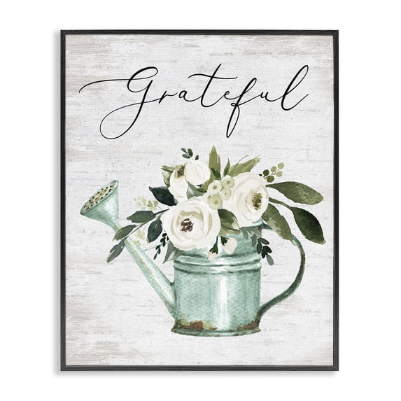 Stupell Industries Shabby Chic Grateful Sentiment Vintage Turquoise Watering Can Flower Bouquet Black Framed Giclee Art, 11 x 14, by Lettered and Lined