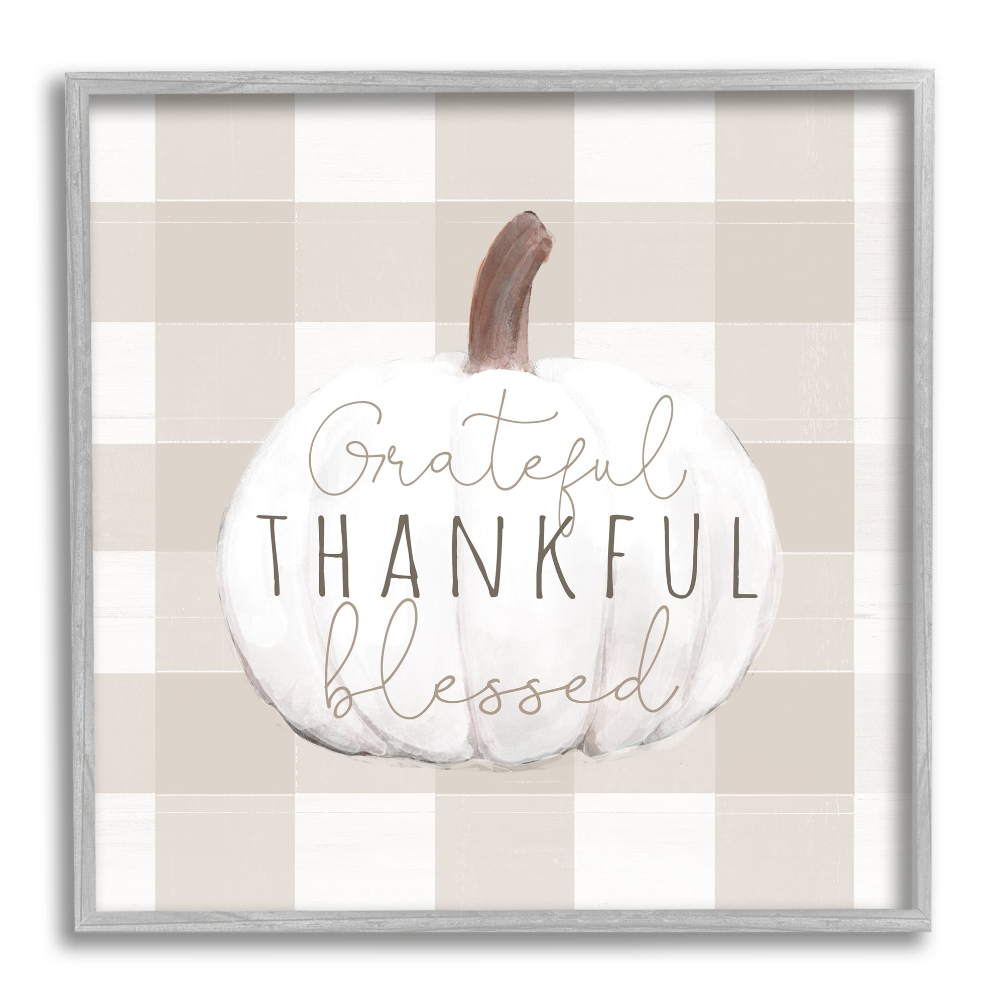 Stupell Industries Grateful Thankful Pumpkin Holiday Painting Gray Framed Art Print Wall Art, 12 x 12