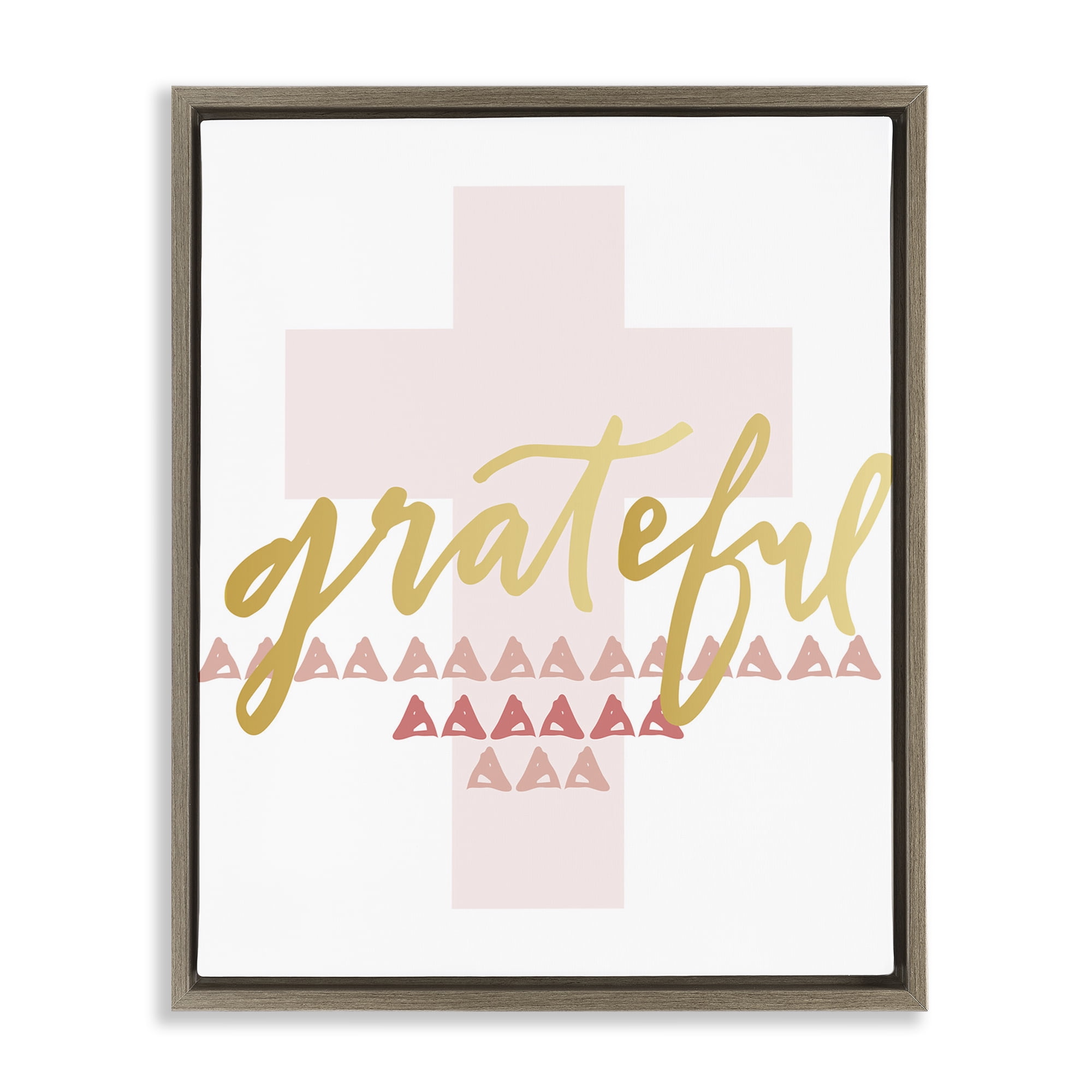 Grateful Pink Cross Religious Canvas Print with Brown Frame