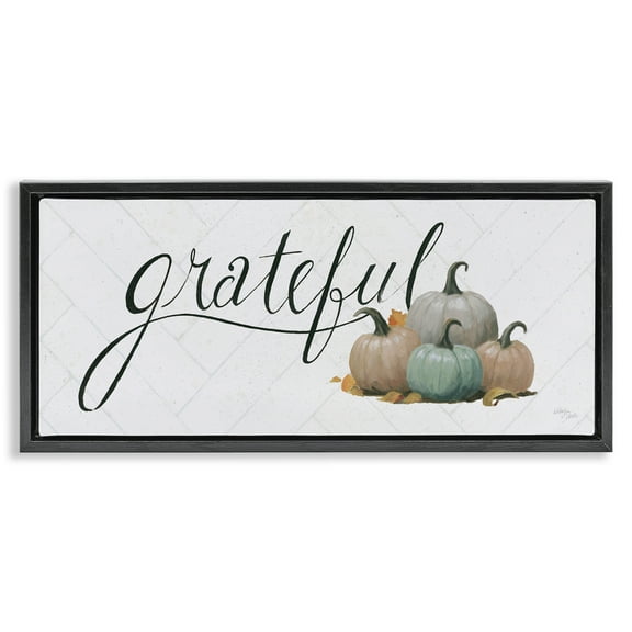Stupell Industries Grateful with Pumpkins Typography Painting Black Floater Framed Canvas Art Prints Wall Art, 25 x 11