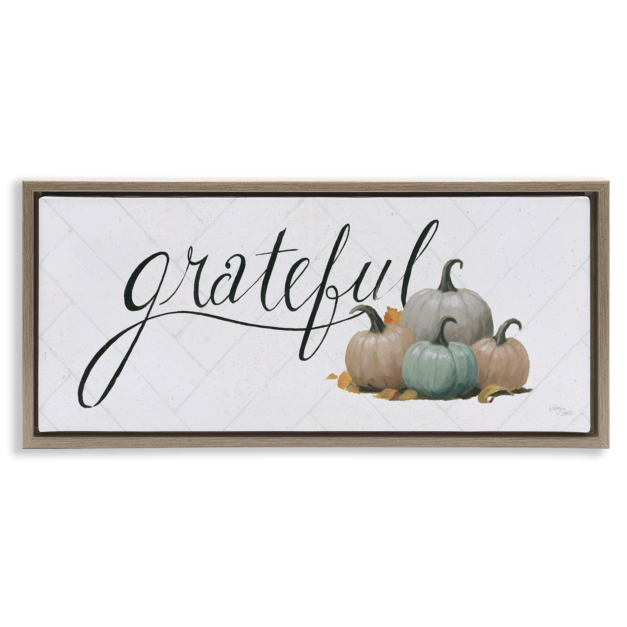 Stupell Industries Grateful with Pumpkins Typography Painting Brown Floater Framed Canvas Art Prints Wall Art, 31 x 14