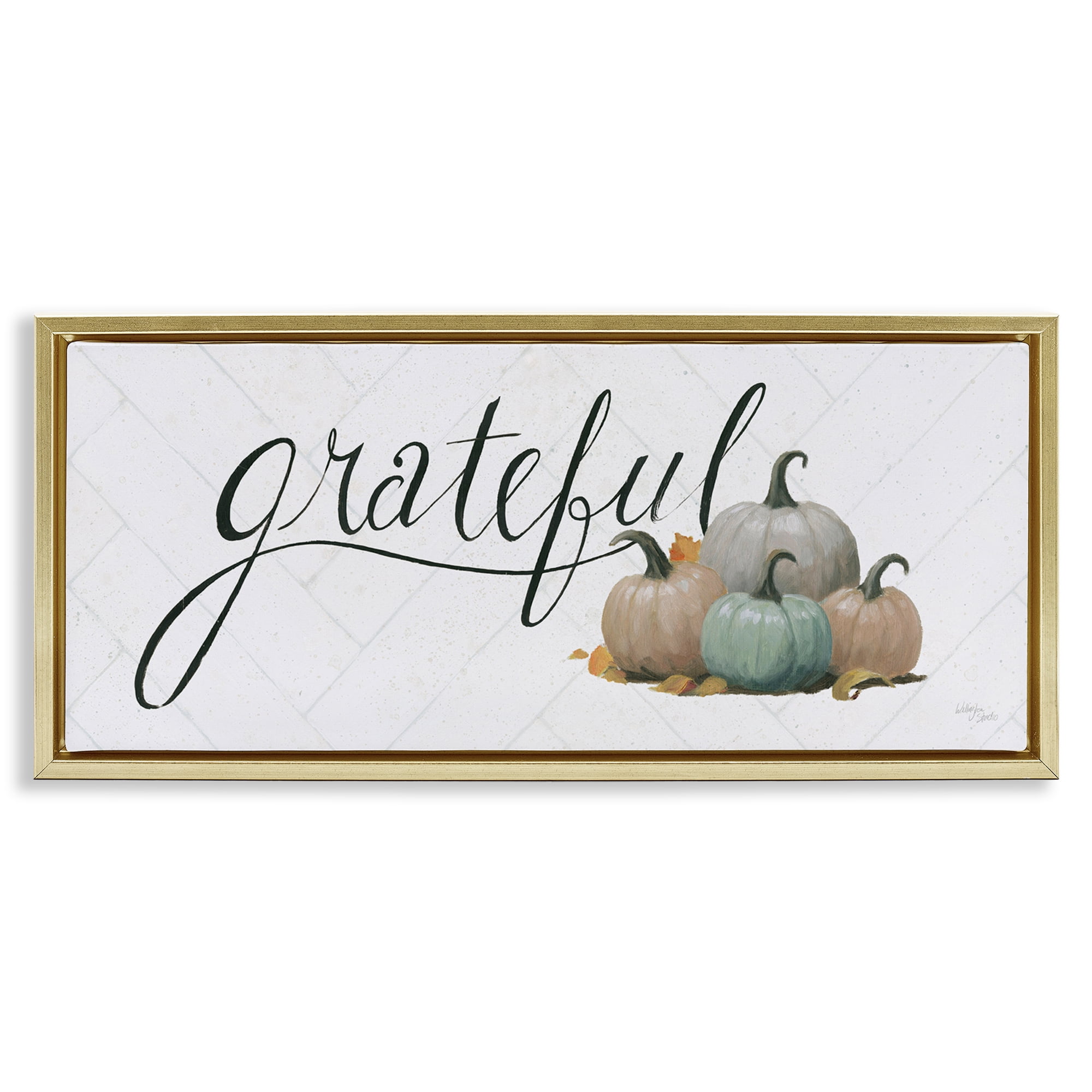 Stupell Industries Grateful with Pumpkins Typography Painting Gold Floater Framed Canvas Art Prints Wall Art, 31 x 14