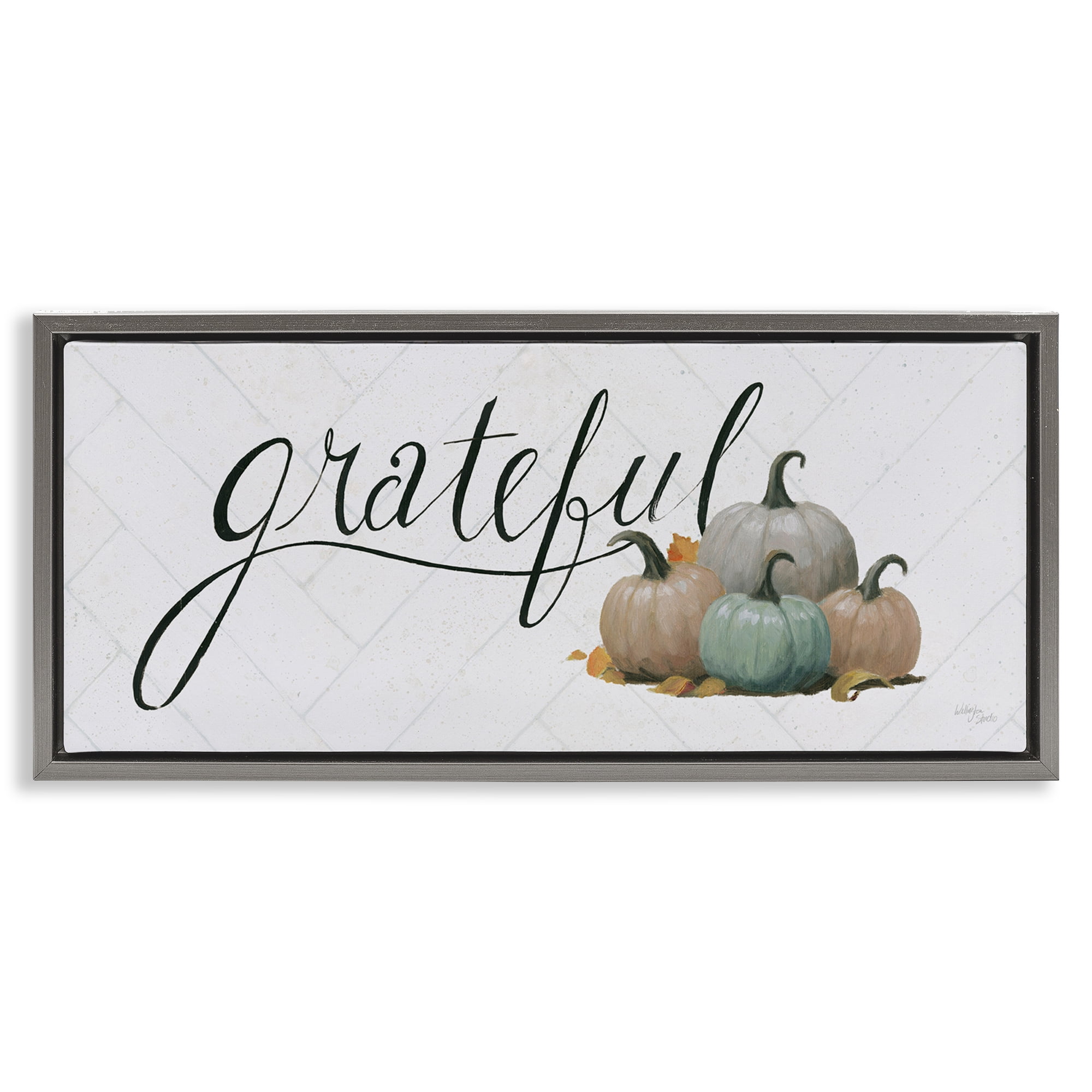 Stupell Industries Grateful with Pumpkins Typography Painting Gray Floater Framed Canvas Art Prints Wall Art, 25 x 11