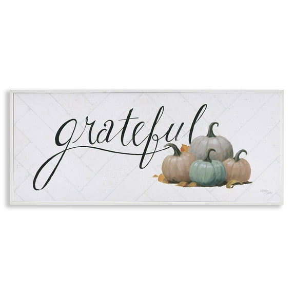 Stupell Industries Grateful with Pumpkins Typography Painting White Framed Art Prints Wall Art, 24 x 10