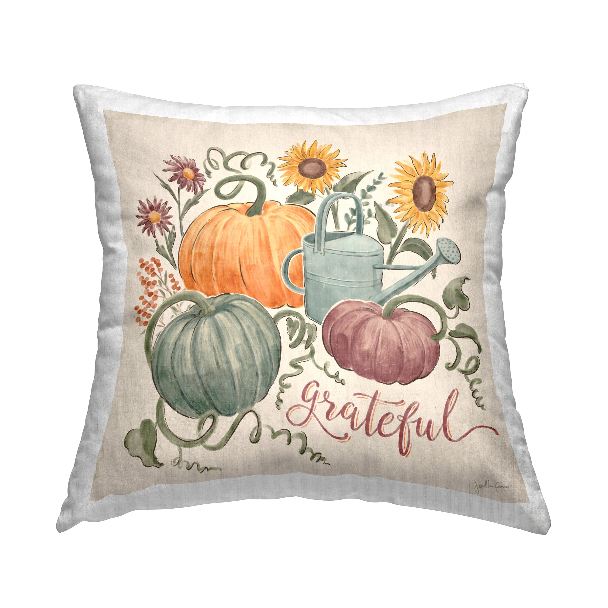 Stupell Industries Gratitude Calligraphy Seasonal Autumn Plants Sunflowers Design by Janelle Penner Throw Pillow