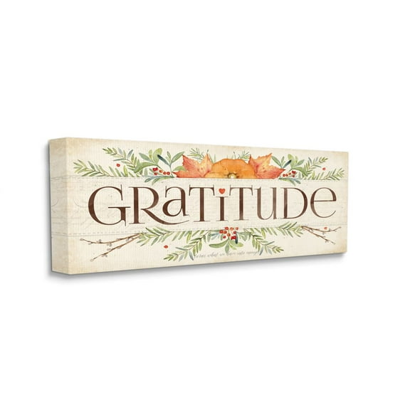 Stupell Industries Gratitude Floral Leaves Fall Autumn Seasonal Word Design Typography Painting Gallery Wrapped Canvas Art Print Wall Art, 20 x 48
