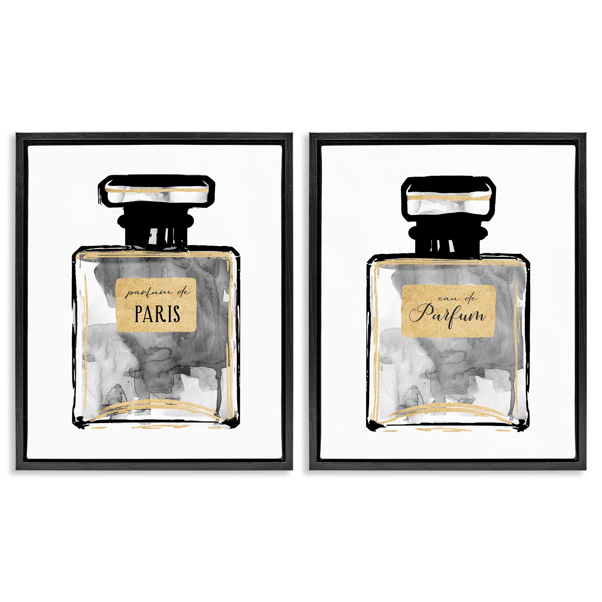 Stupell Industries Gray Gold Parfum Bottle Fashion Painting Black Floater Framed Canvas Art Print Wall Art, 31 x 25, Set of 2
