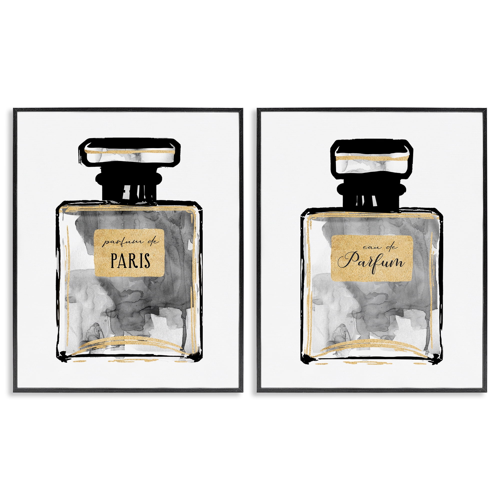 Stupell Industries Gray Gold Parfum Bottle Fashion Painting Black Framed Art Print Wall Art, 24 x 30, Set of 2