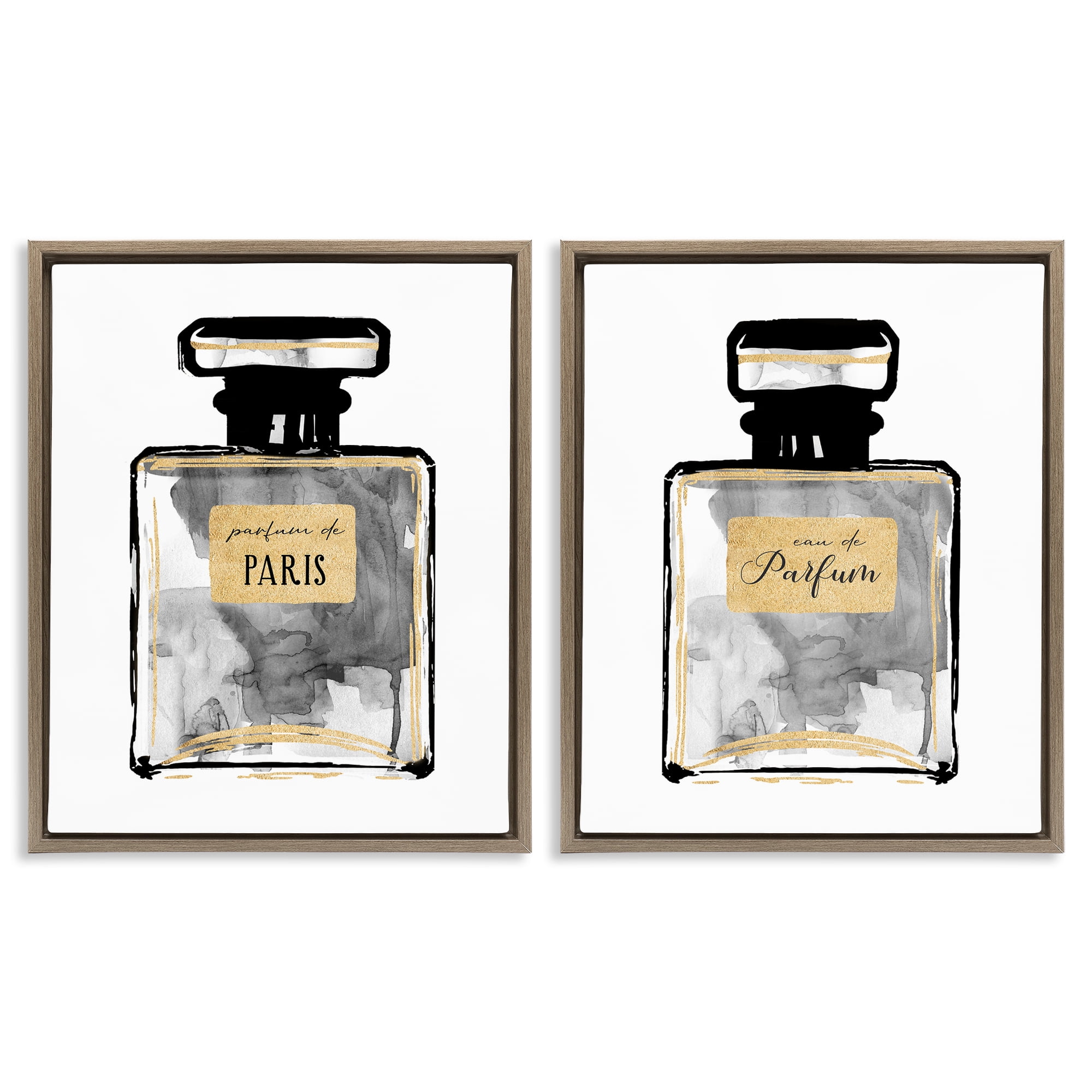 Stupell Industries Gray Gold Parfum Bottle Fashion Painting Brown Floater Framed Canvas Art Print Wall Art, 17 x 21, Set of 2