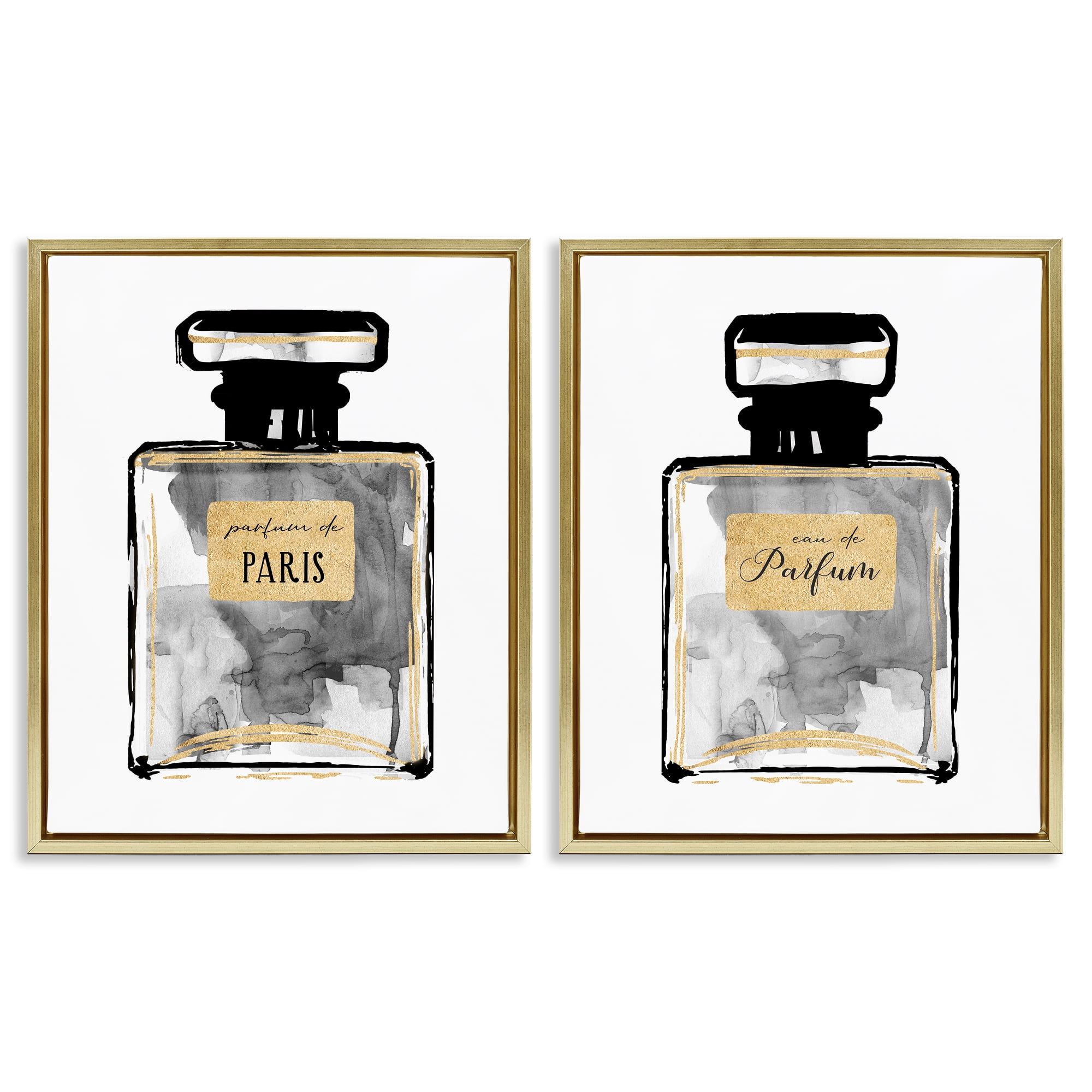 Stupell Industries Gray Gold Parfum Bottle Fashion Painting Gold Floater Framed Canvas Art Print Wall Art, 31 x 25, Set of 2
