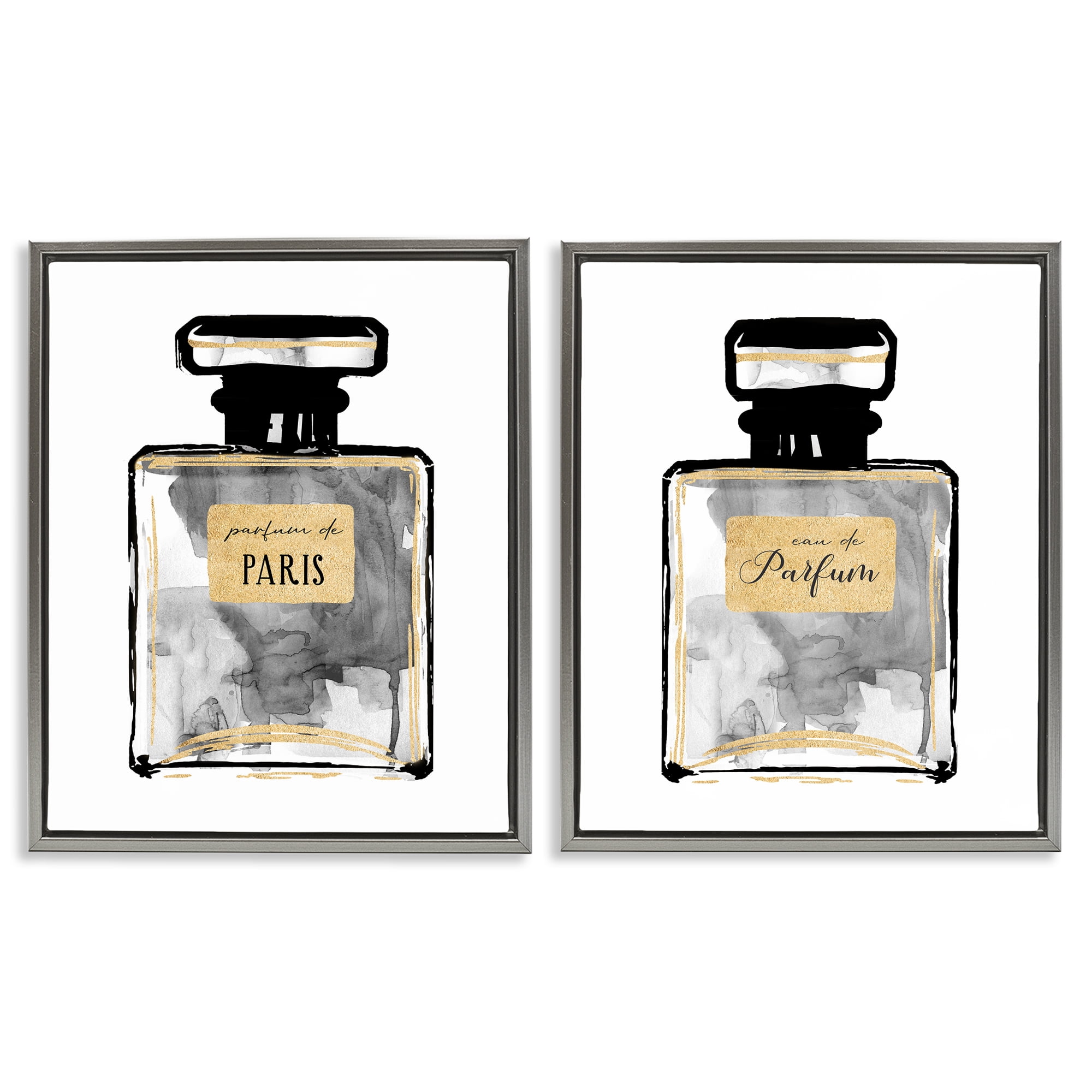Stupell Industries Gray Gold Parfum Bottle Fashion Painting Gray Floater Framed Canvas Art Print Wall Art, 31 x 25, Set of 2