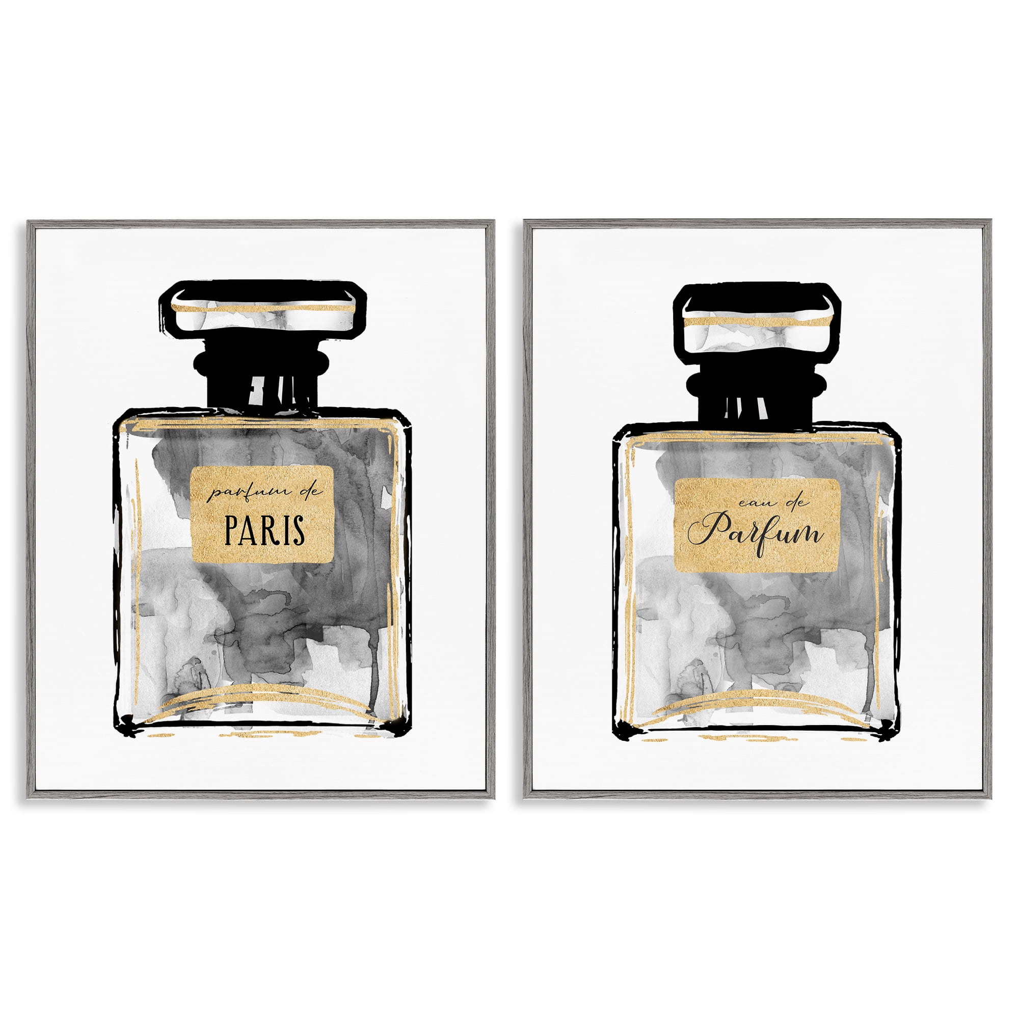 Stupell Industries Gray Gold Parfum Bottle Fashion Painting Gray Framed Art Print Wall Art, 11 x 14, Set of 2