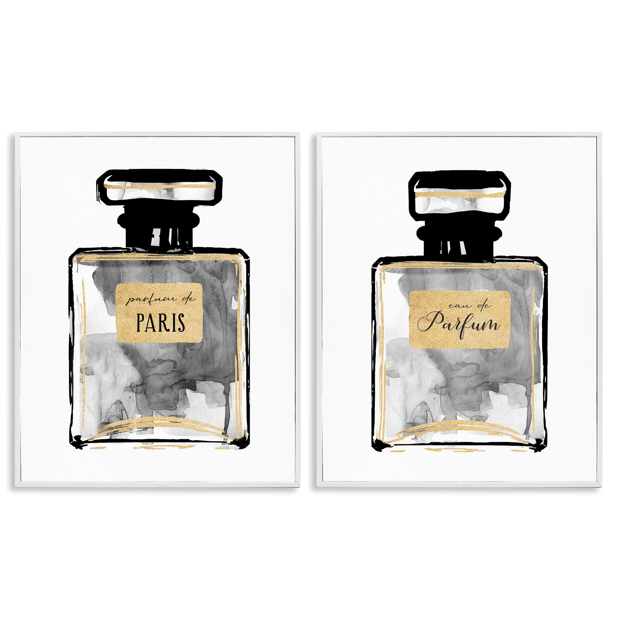 Stupell Industries Gray Gold Parfum Bottle Fashion Painting White Framed Art Print Wall Art, 11 x 14, Set of 2