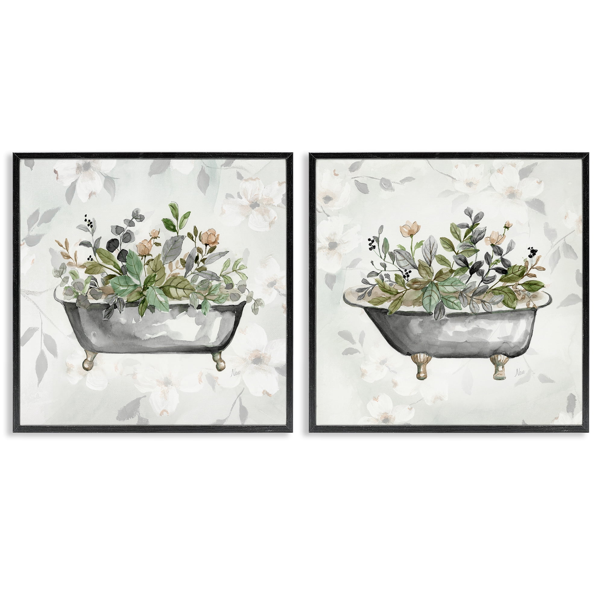 Stupell Industries Gray Muted Watercolor Flower Tub Bath & Laundry Painting Black Framed Art Print Wall Art, 12 x 12, Set of 2
