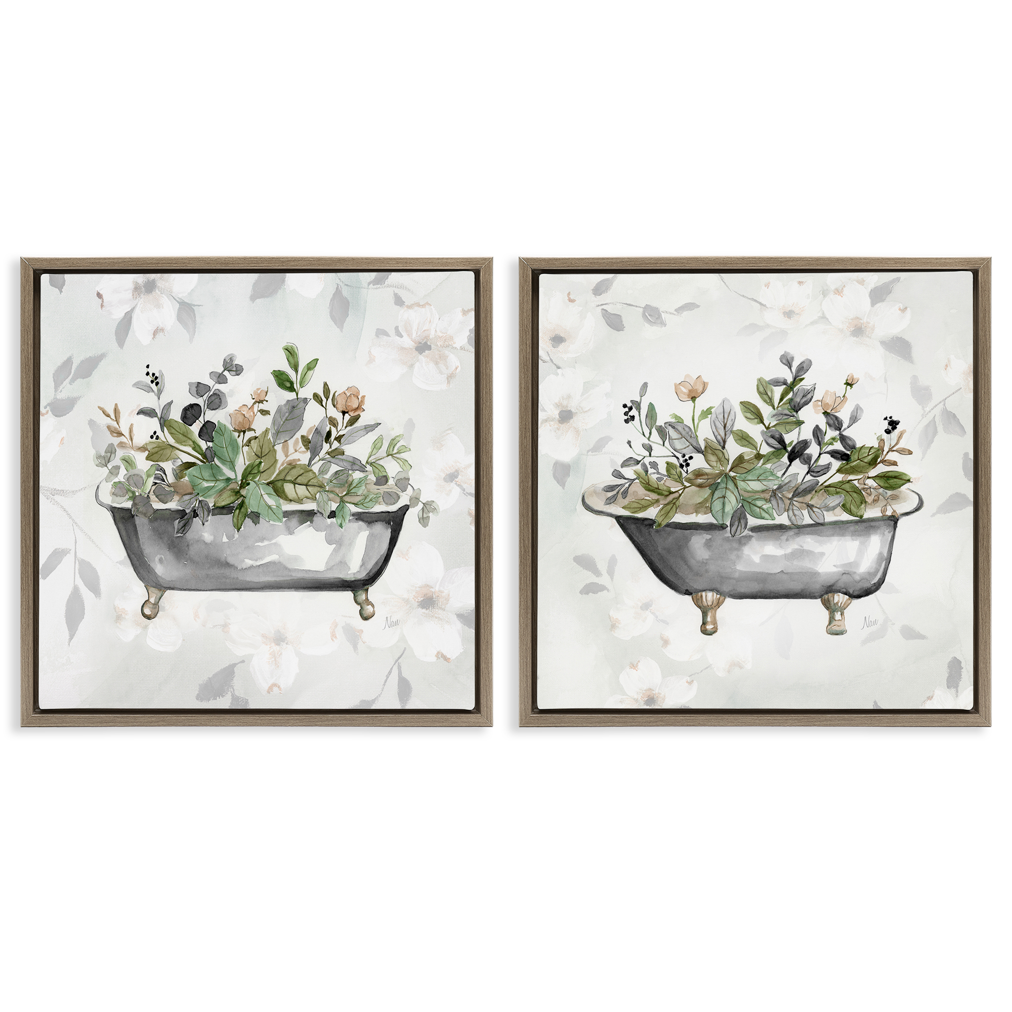 Stupell Industries Gray Muted Watercolor Flower Tub Bath & Laundry Painting Brown Floater Framed Canvas Art Print Wall Art, 25 x 25, Set of 2