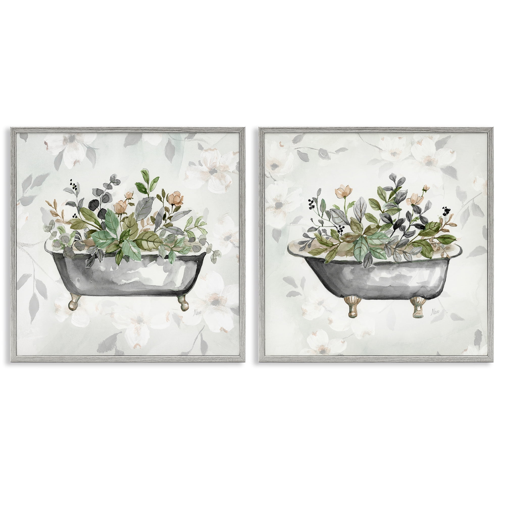 Stupell Industries Gray Muted Watercolor Flower Tub Bath & Laundry Painting Gray Framed Art Print Wall Art, 12 x 12, Set of 2