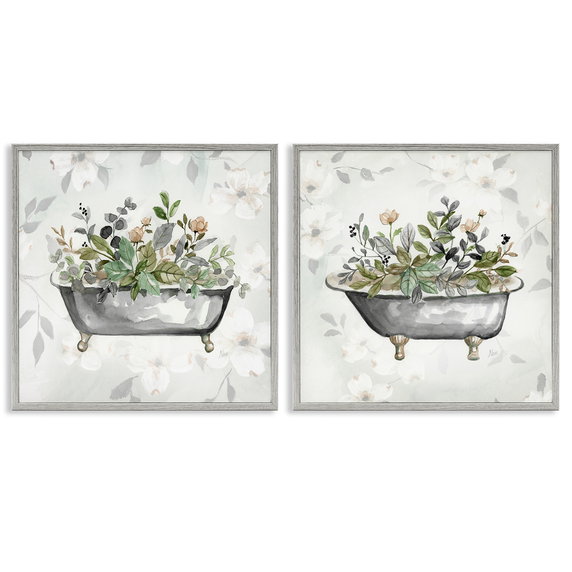 Stupell Industries Gray Muted Watercolor Flower Tub Bath & Laundry Painting Gray Framed Art Print Wall Art, 17 x 17, Set of 2