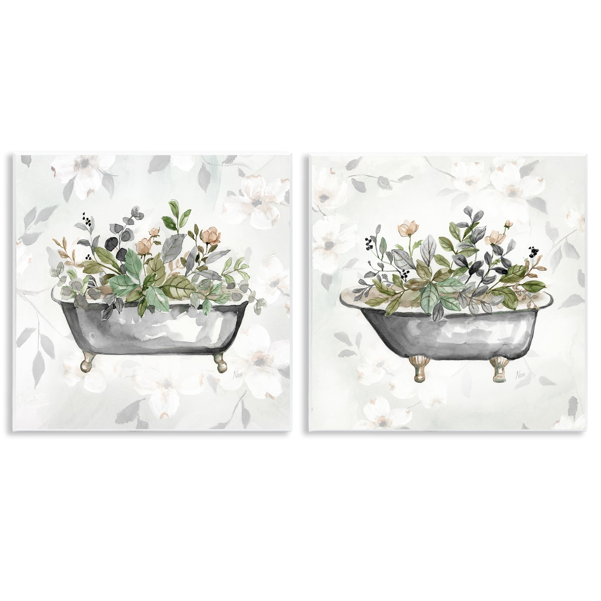 Stupell Industries Gray Muted Watercolor Flower Tub Bath & Laundry Painting Unframed Art Print Wall Art, 12 x 12, Set of 2