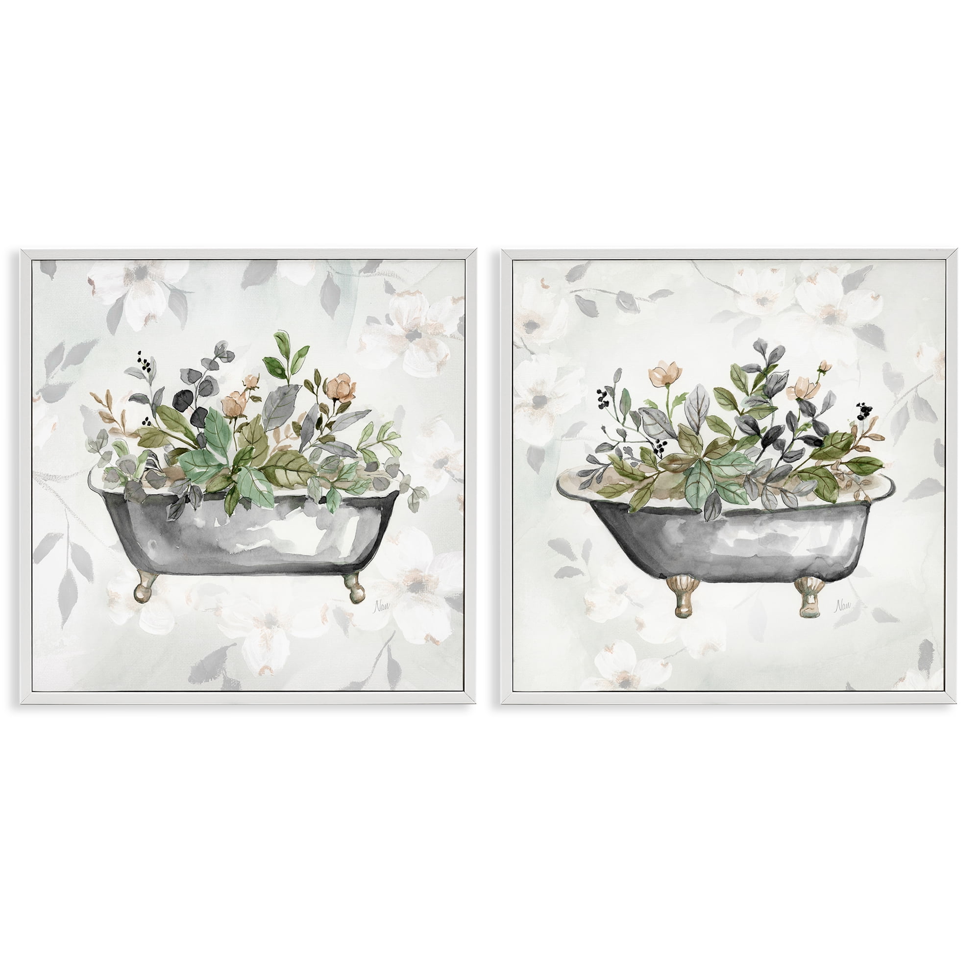 Stupell Industries Gray Muted Watercolor Flower Tub Bath & Laundry Painting White Framed Art Print Wall Art, 12 x 12, Set of 2