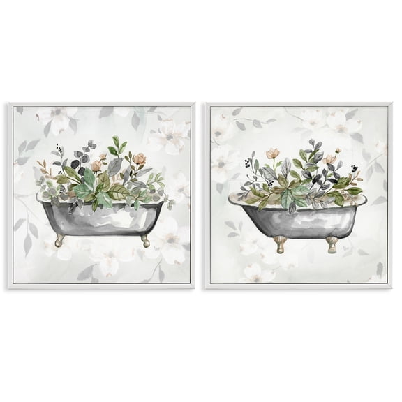 Stupell Industries Gray Muted Watercolor Flower Tub Bath & Laundry Painting White Framed Art Print Wall Art, 17 x 17, Set of 2