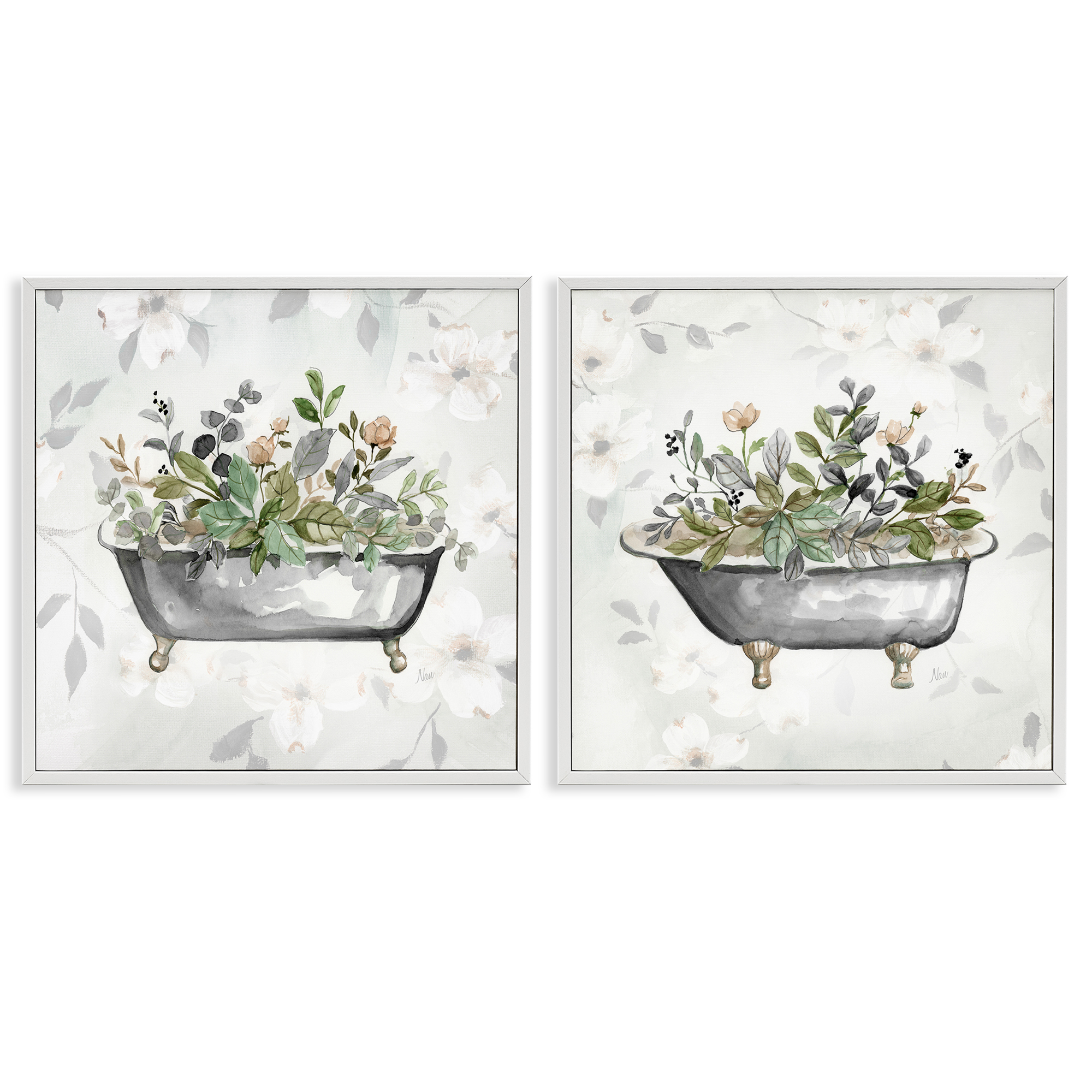 Stupell Industries Gray Muted Watercolor Flower Tub Bath & Laundry Painting White Framed Art Print Wall Art, 24 x 24, Set of 2