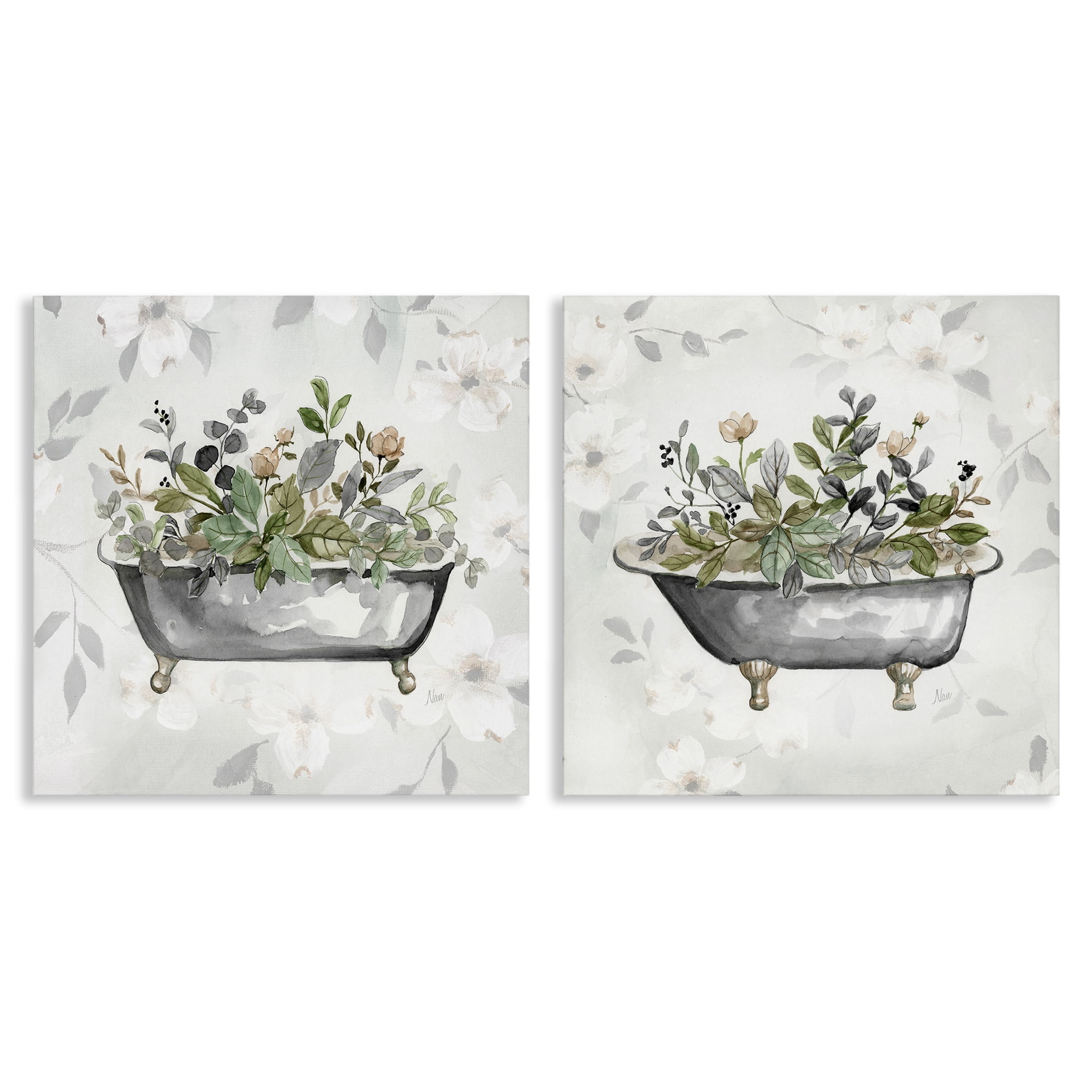 Stupell Industries Gray Muted Watercolor Flower Tub Bath & Laundry Painting Wrapped Canvas Art Print Wall Art, 17 x 17, Set of 2
