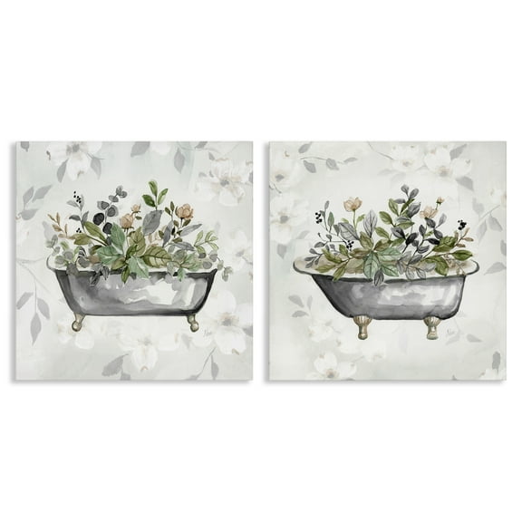 Stupell Industries Gray Muted Watercolor Flower Tub Bath & Laundry Painting Wrapped Canvas Art Print Wall Art, 24 x 24, Set of 2