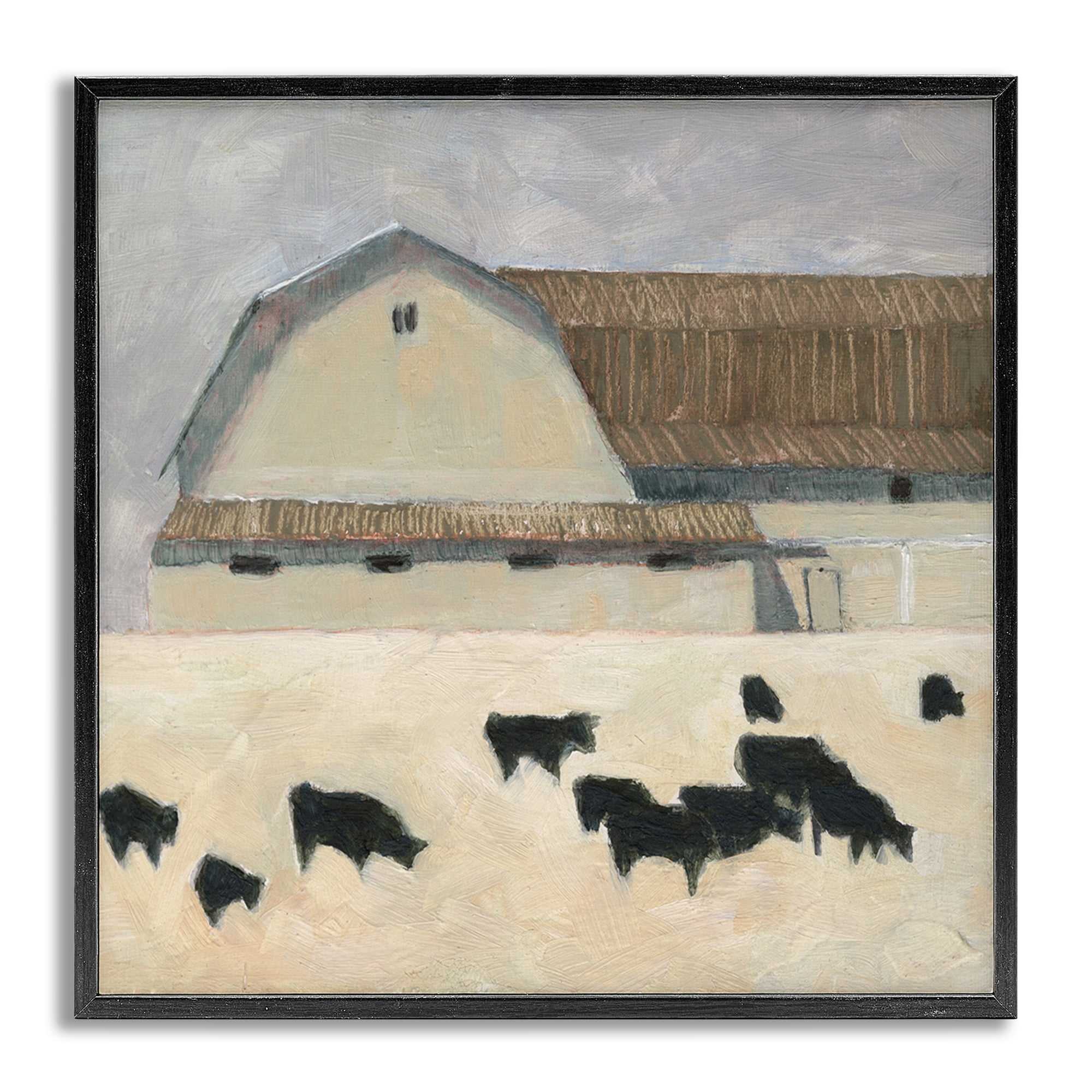 Stupell Industries Grazing Black Farm Cattle Animals & Insects Painting Gray Framed Art Print Wall Art, 24 x 24