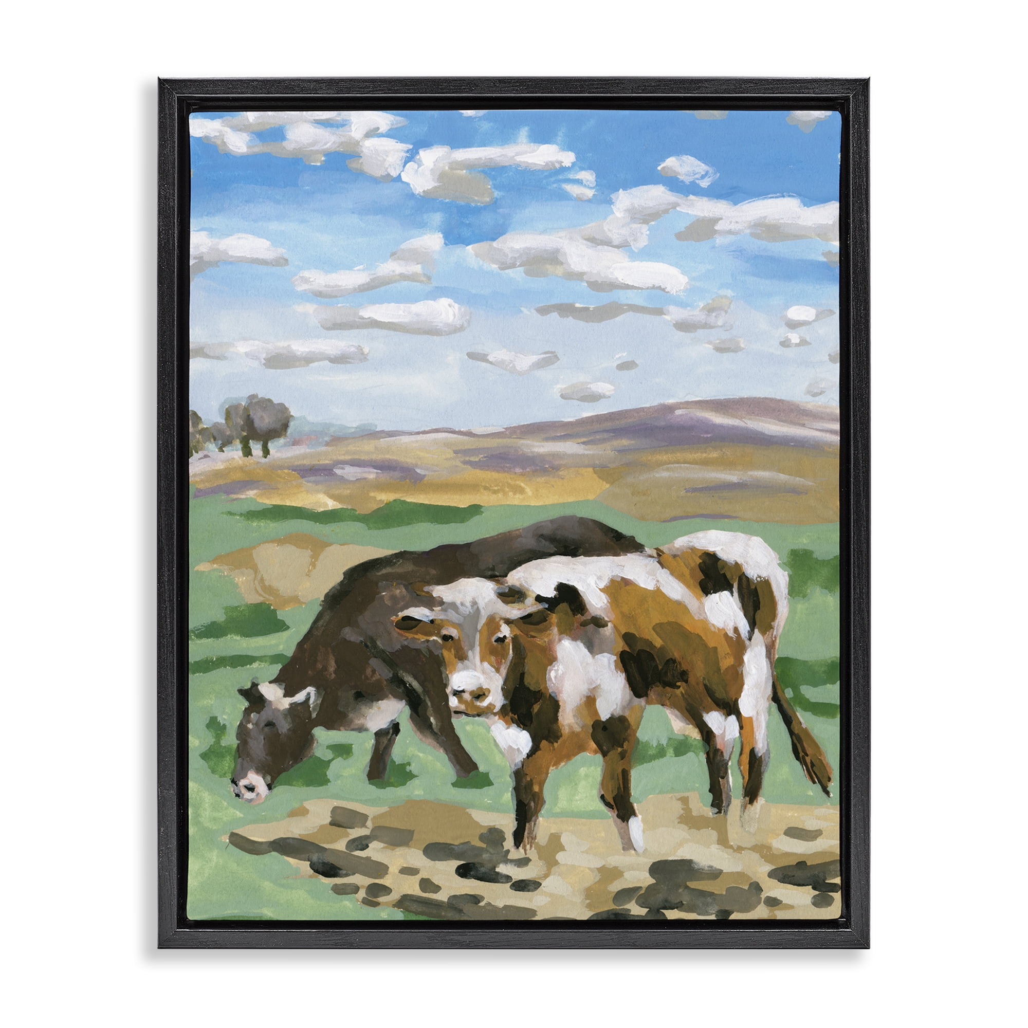 Stupell Industries Grazing Cattle Landscape Animals Painting Black Floater Framed Canvas Art Print Wall Art, 25 x 31