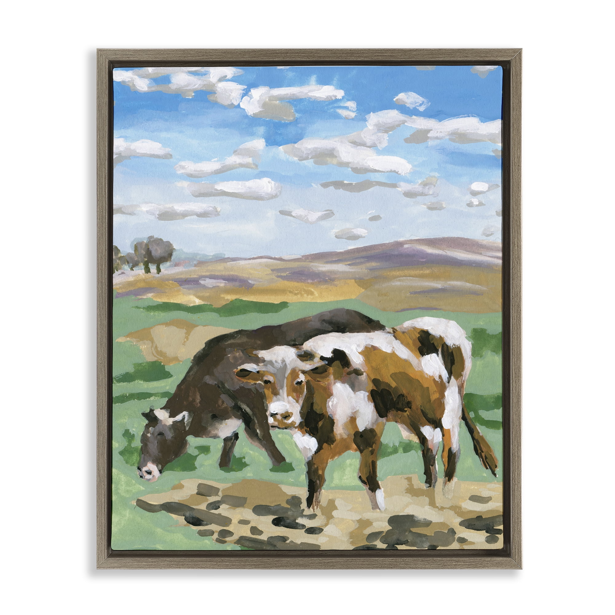 Stupell Industries Grazing Cattle Landscape Animals Painting Brown Floater Framed Canvas Art Print Wall Art, 17 x 21