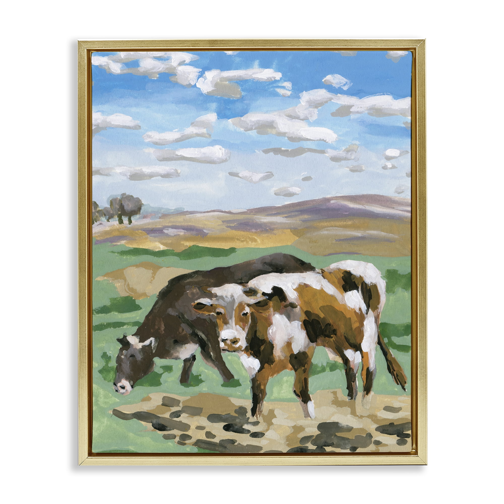 Stupell Industries Grazing Cattle Landscape Animals Painting Gold Floater Framed Canvas Art Print Wall Art, 25 x 31