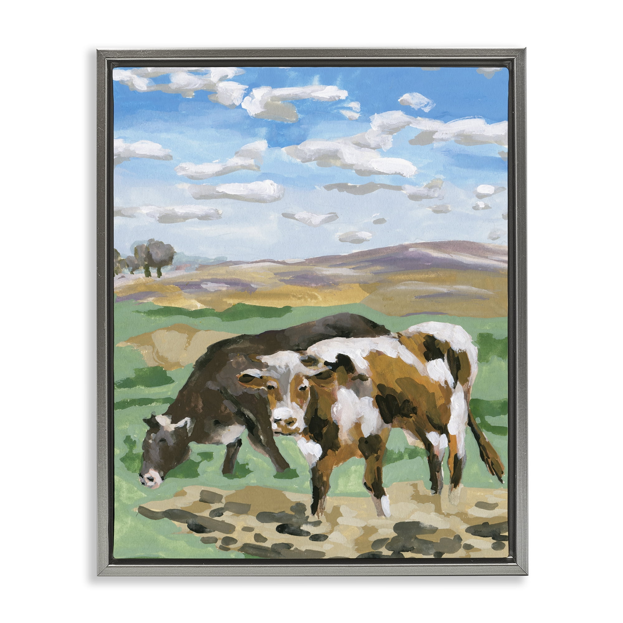 Stupell Industries Grazing Cattle Landscape Animals Painting Gray Floater Framed Canvas Art Print Wall Art, 17 x 21