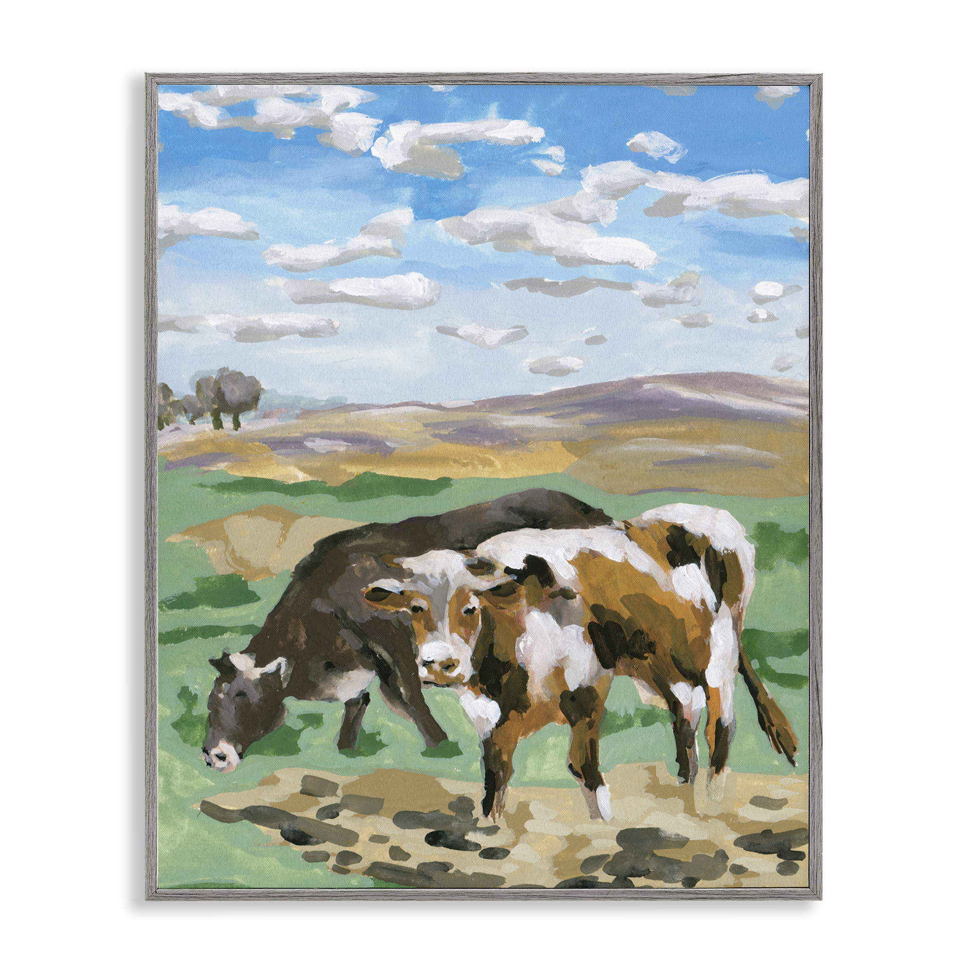 Stupell Industries Grazing Cattle Landscape Animals Painting Gray Framed Art Print Wall Art, 11 x 14